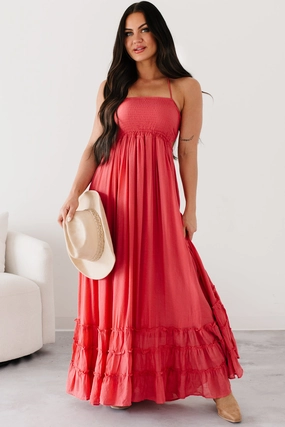 Silky-Lining Smooth Tone Assertive Aura Halter Smocked Maxi Dress (Coral Red)