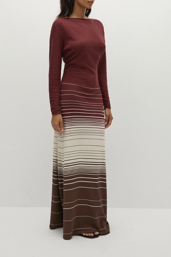 Minimal Detail Magnetic-Closure Idun Maxi Dress Accordion Stripe Bordeaux