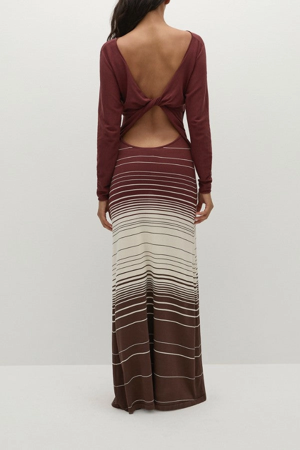 Idun Maxi Dress Accordion Stripe Bordeaux Pearl-Detail Light Fabrication
