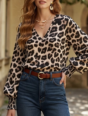 Minimalist Silhouette LaserCut Edges V-neck leopard print loose long-sleeved shirt