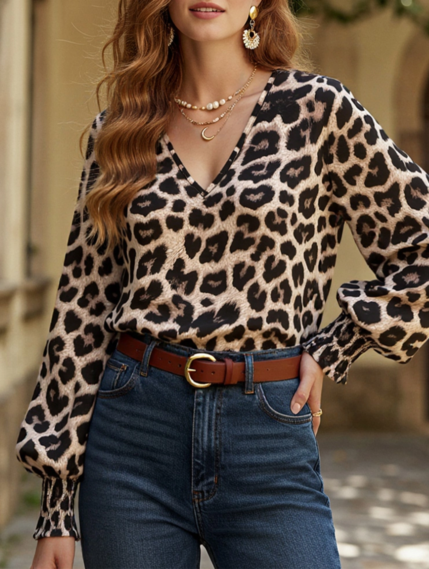 LaserCut Edges V-neck leopard print loose long-sleeved shirt