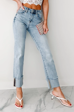 Effortless Look Aurora High Rise Straight Leg Cuffed Risen Jeans (Light)