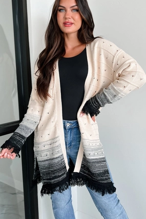 Autumn Weather Ombre Fringe Cardigan (Natural/Black) Luxurious Feel TaglessDesign