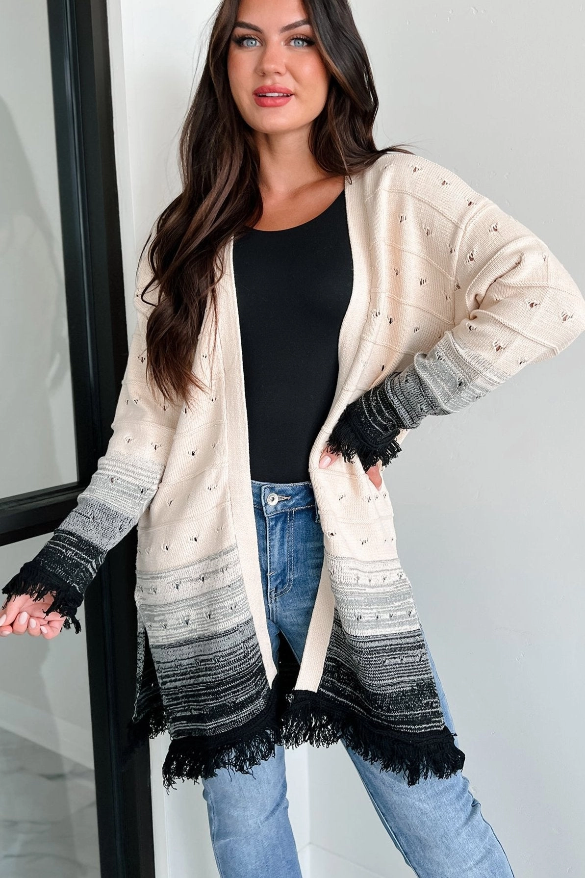 Autumn Weather Ombre Fringe Cardigan (Natural/Black) Luxurious Feel TaglessDesign