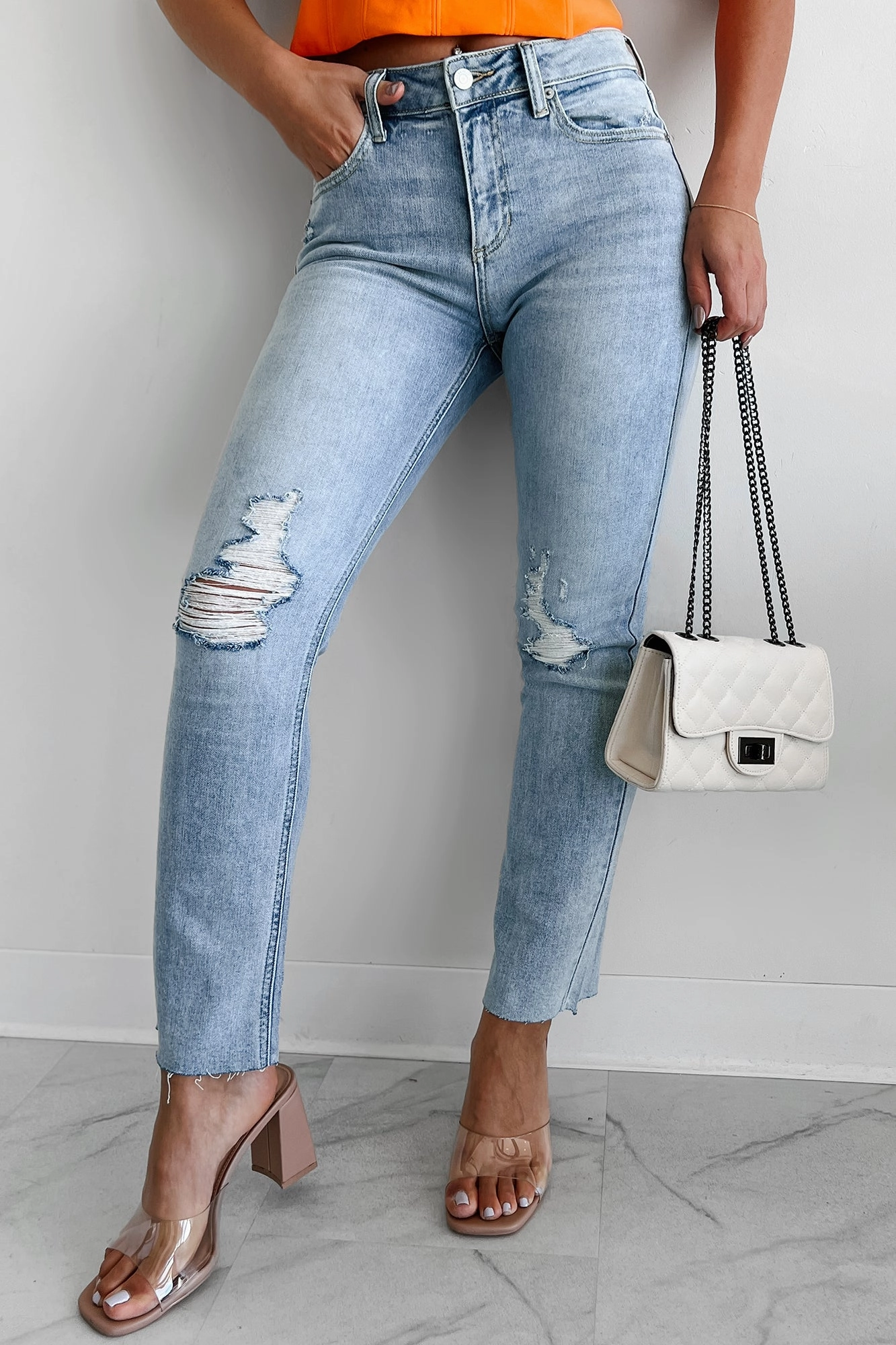 Azra High Rise Sneak Peek Slim Straight Jeans (Light Vintage) Tear Resistant pilling resistant