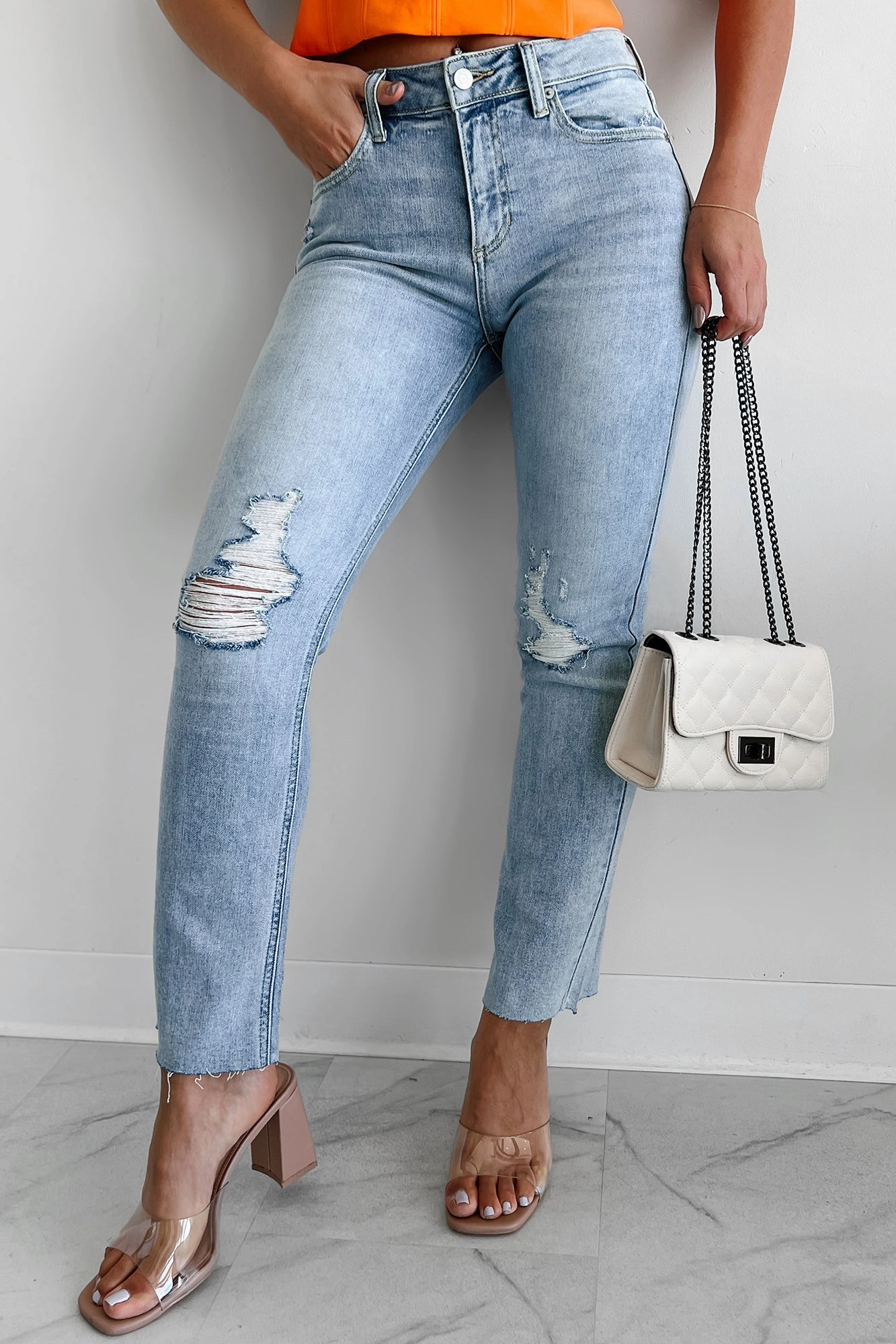 Sporty Layer Azra High Rise Sneak Peek Slim Straight Jeans (Light Vintage)