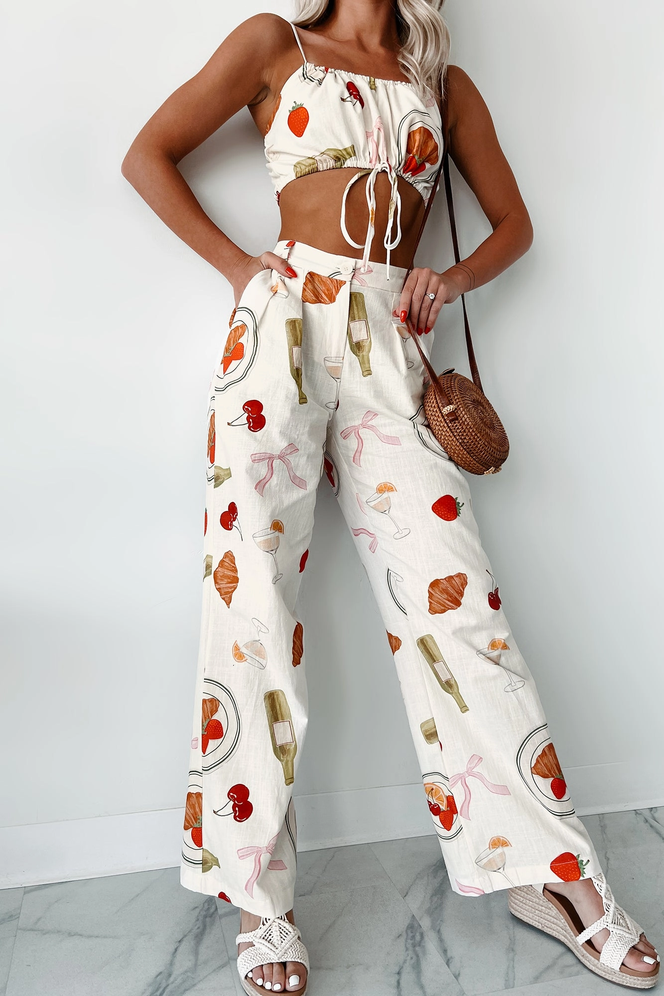 Back In Paris Printed Wide Leg Pants (Ivory) Secure fit Sleek Appearance