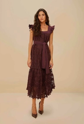 Pineapple Guipure Brown Midi Dress Maternity-Fit