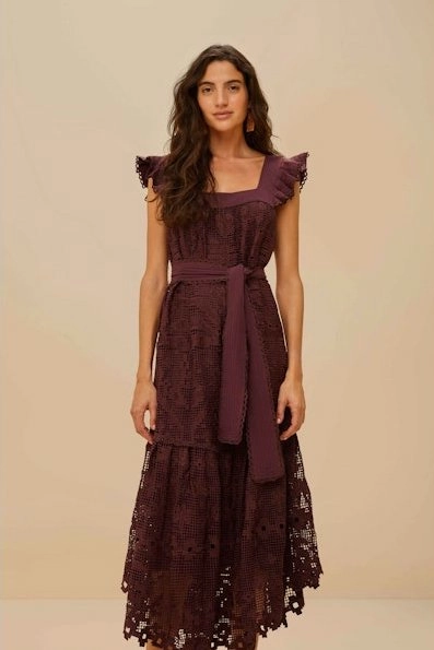 Mood Look Texture Soft Pineapple Guipure Brown Midi Dress