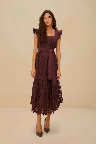 Pineapple Guipure Brown Midi Dress Maternity-Fit