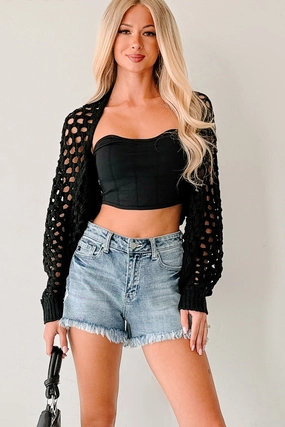 Curved Hem Design Ethical production Back To Us Open Knit Bolero Shrug (Black)