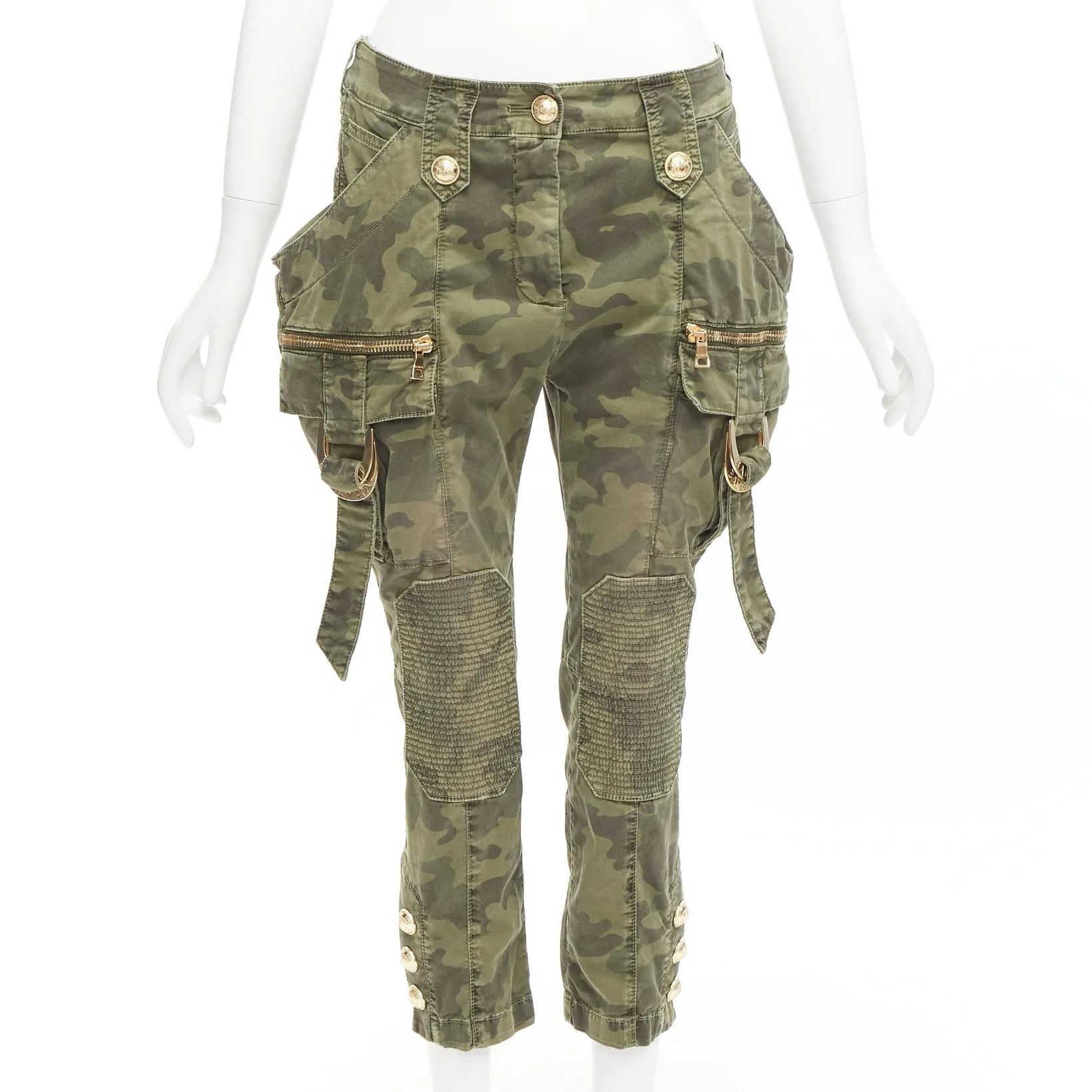 BALMAIN green camo cotton gold hardware mid waist cargo biker pants FR34 XS