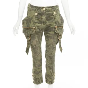 BALMAIN green camo cotton gold hardware mid waist cargo biker pants FR34 XS