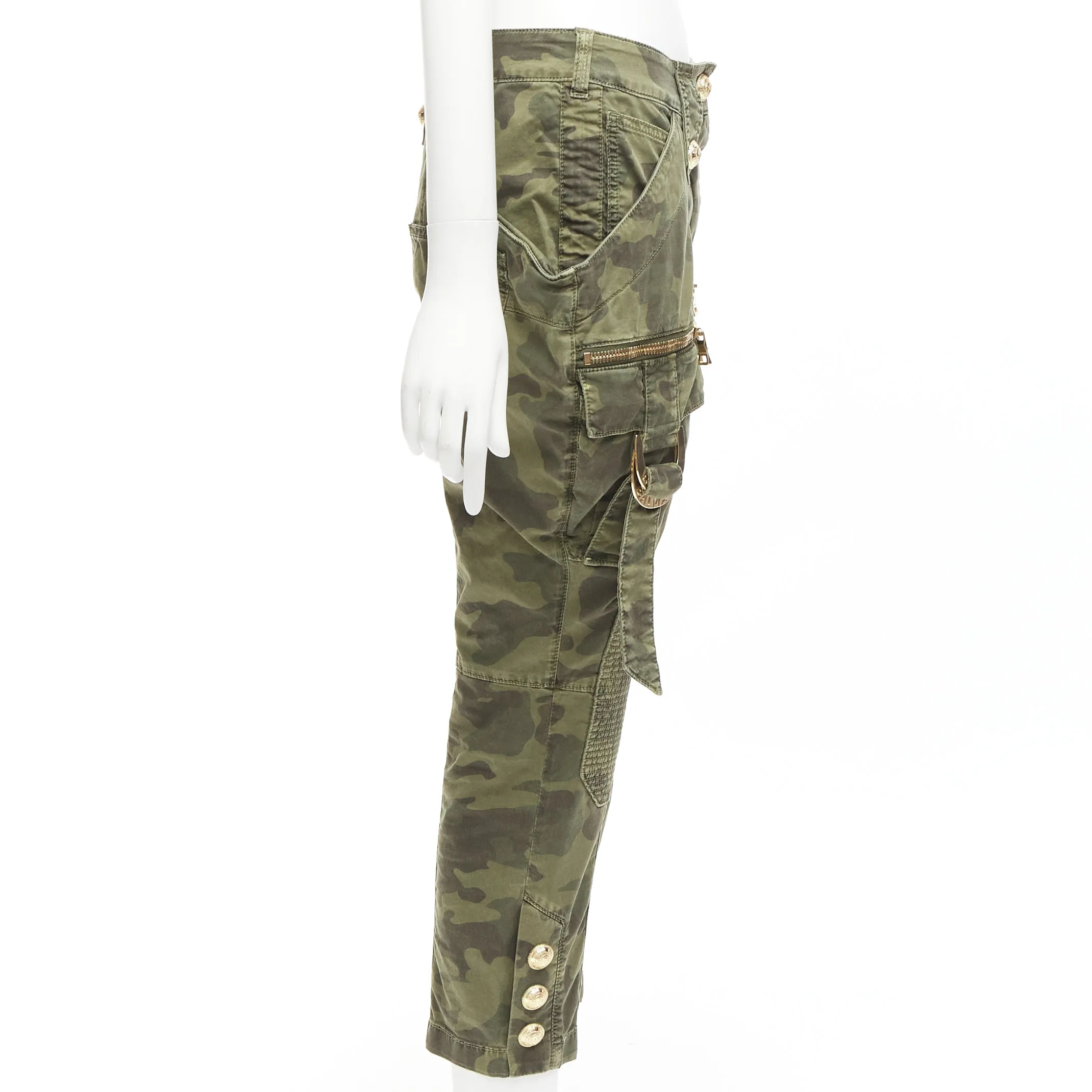 BALMAIN green camo cotton gold hardware mid waist cargo biker pants FR34 XS