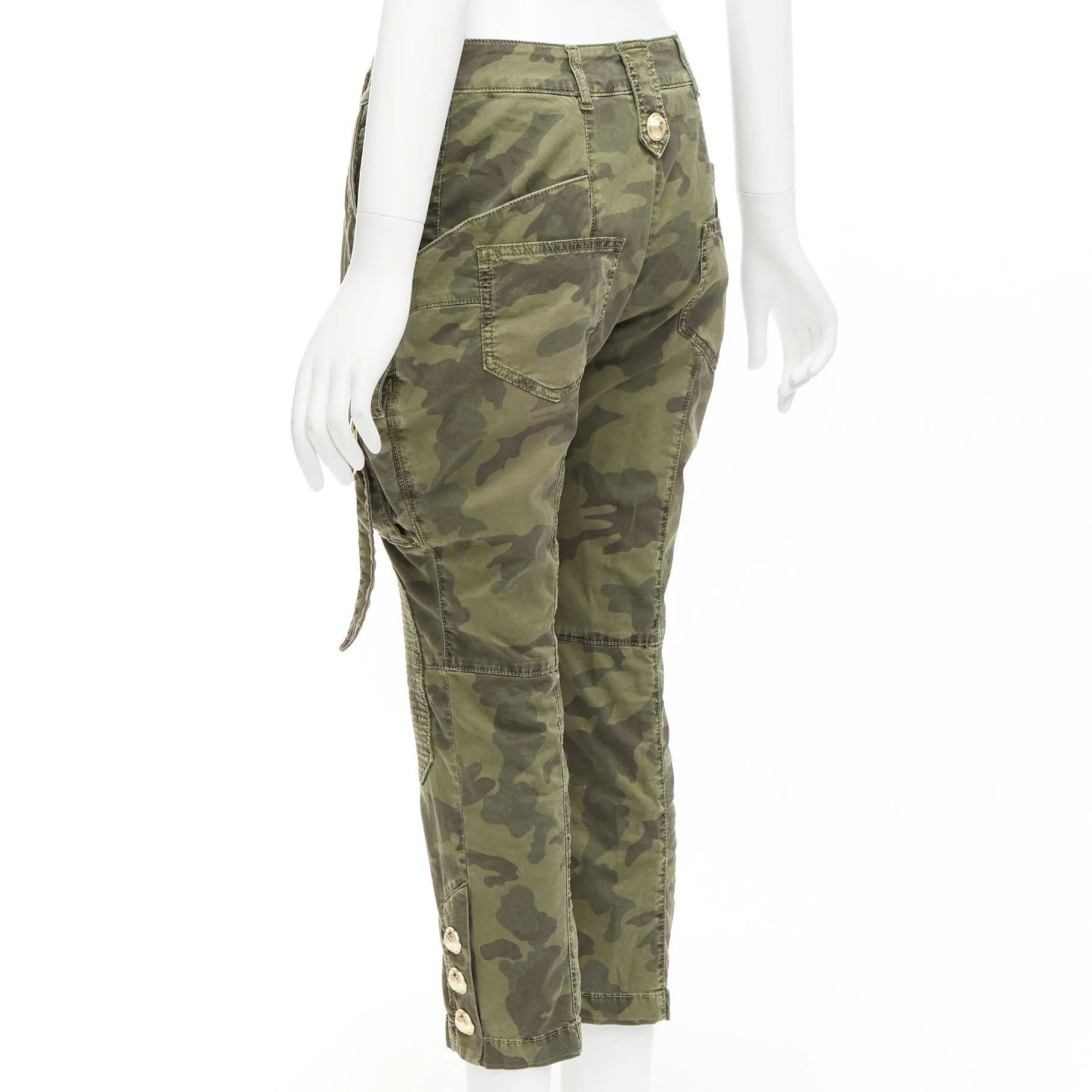 BALMAIN green camo cotton gold hardware mid waist cargo biker pants FR34 XS