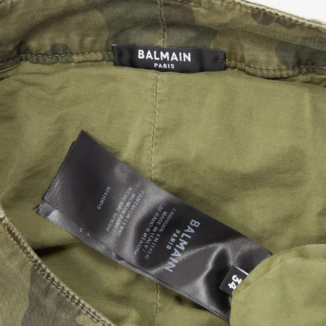 BALMAIN green camo cotton gold hardware mid waist cargo biker pants FR34 XS