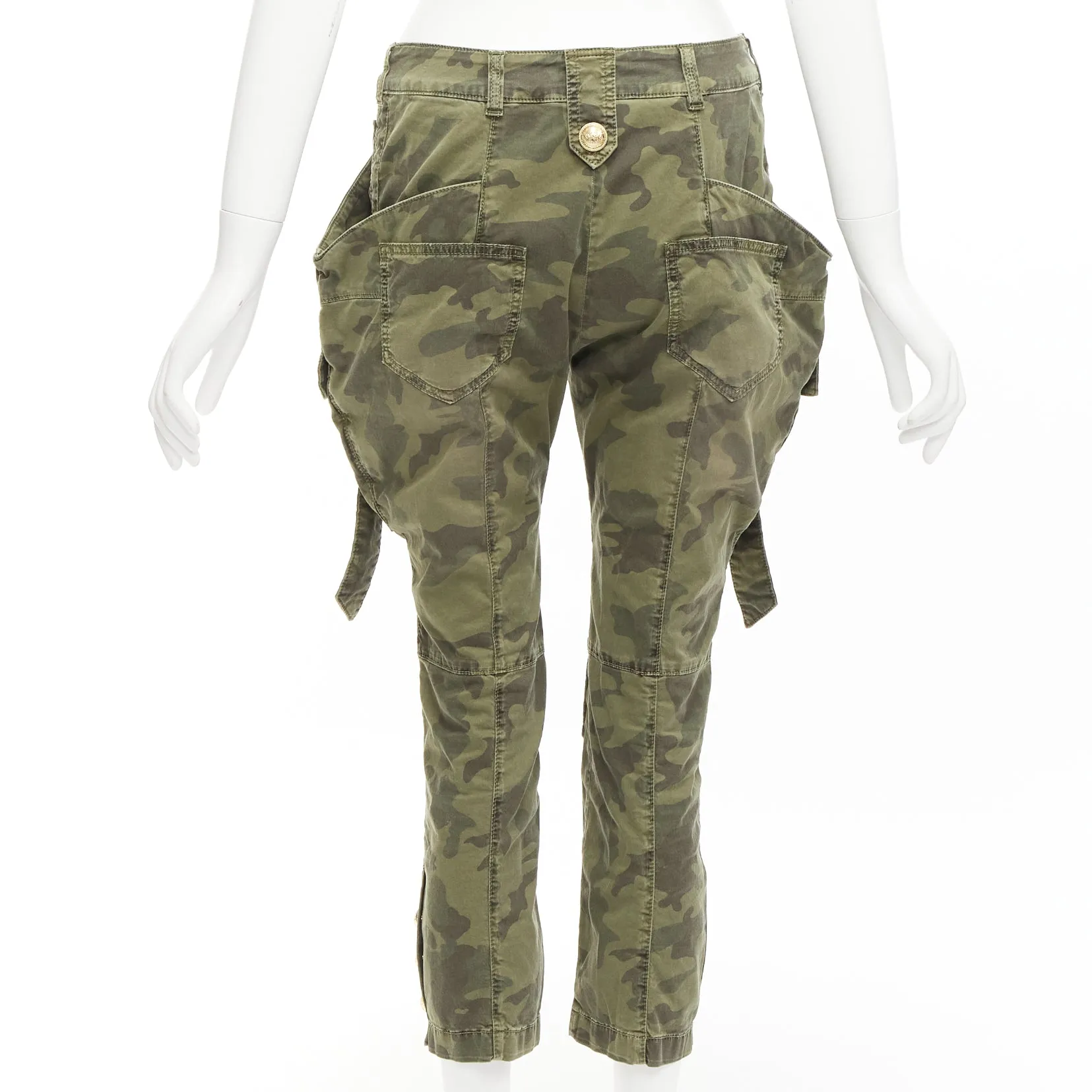 BALMAIN green camo cotton gold hardware mid waist cargo biker pants FR34 XS