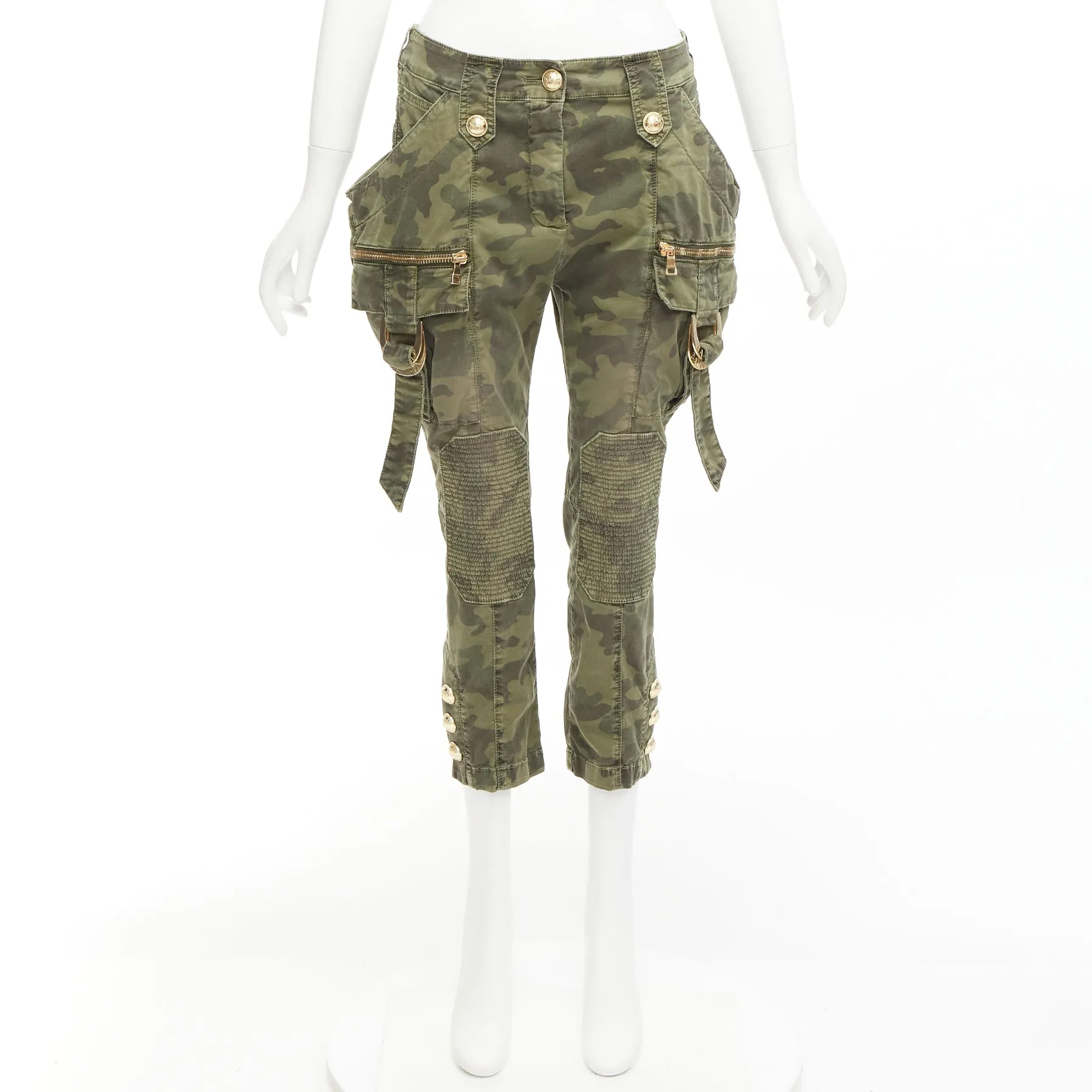 BALMAIN green camo cotton gold hardware mid waist cargo biker pants FR34 XS