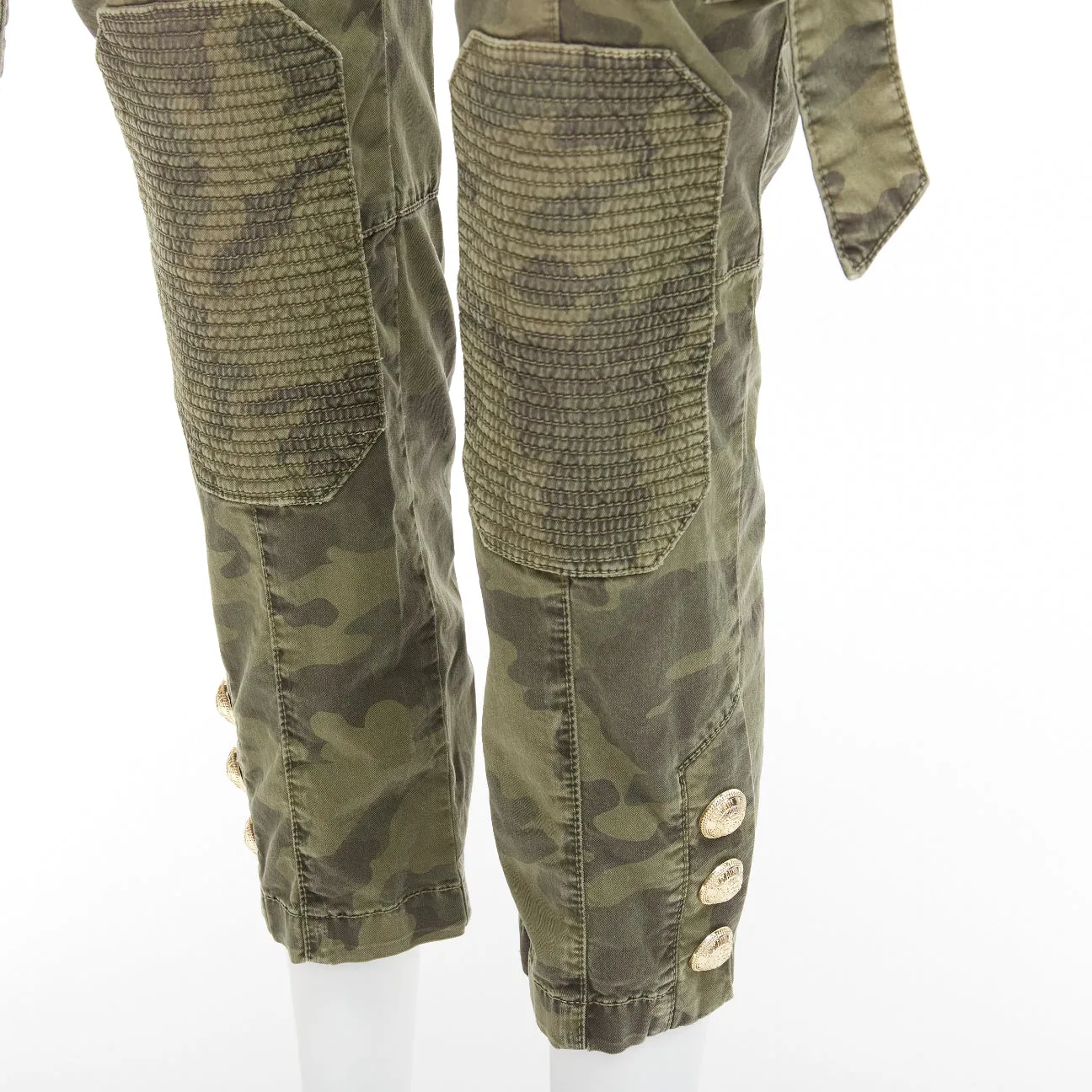 BALMAIN green camo cotton gold hardware mid waist cargo biker pants FR34 XS