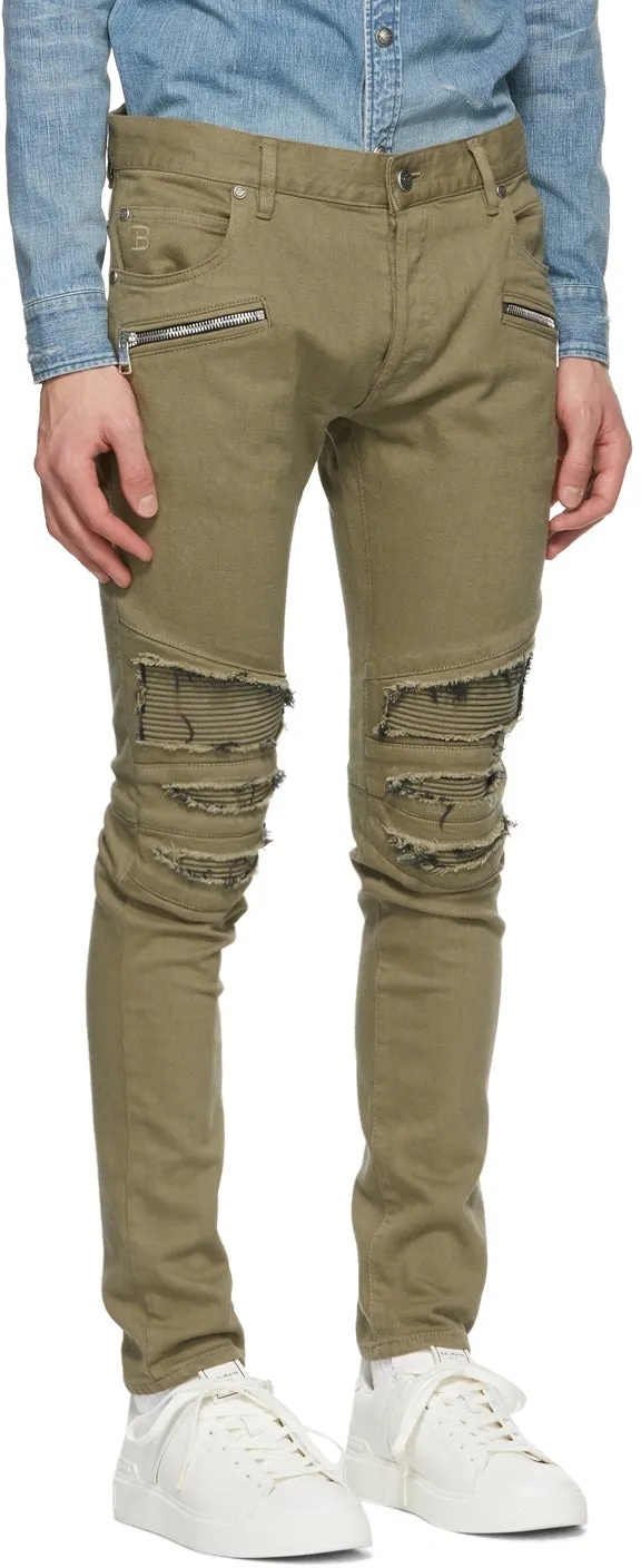 Balmain Khaki Ribbed Patches Slim Jeans