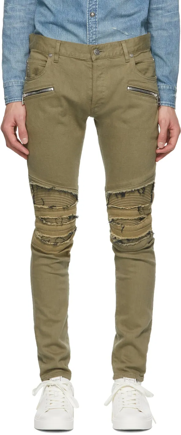 Balmain Khaki Ribbed Patches Slim Jeans