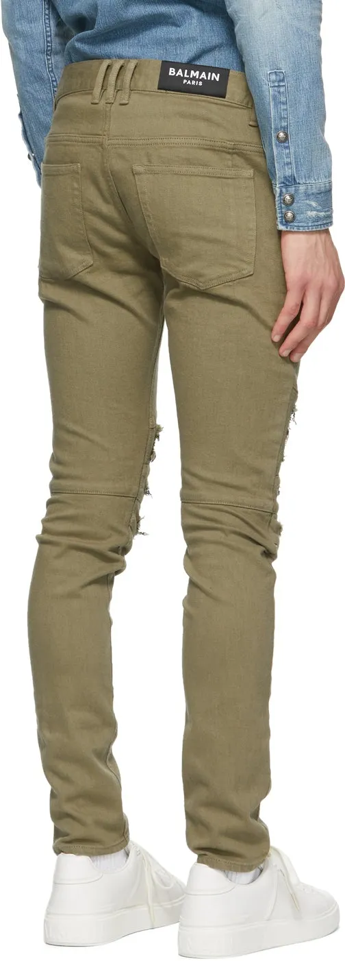 Balmain Khaki Ribbed Patches Slim Jeans