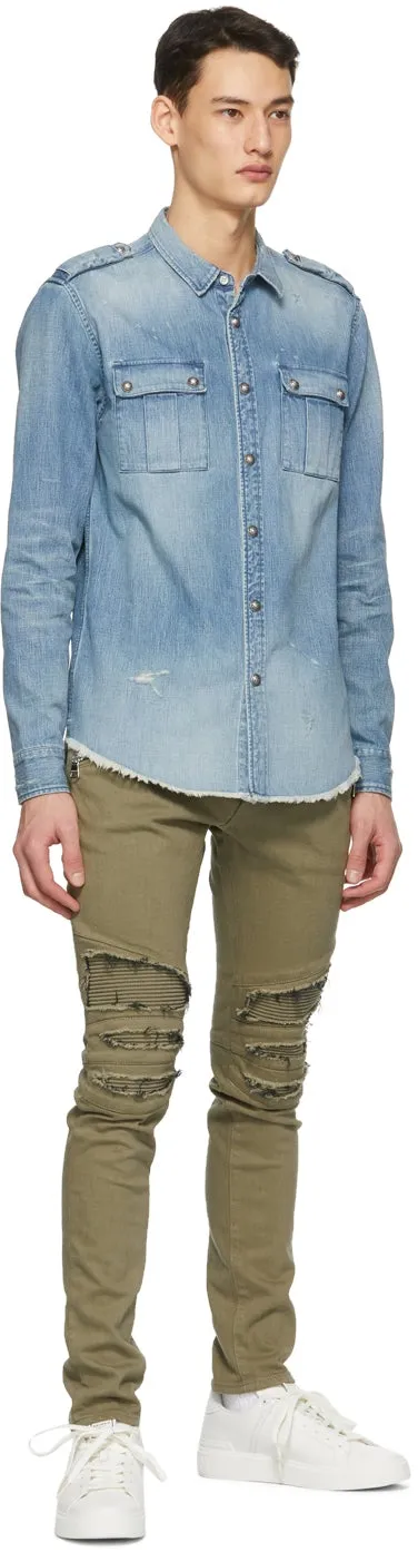 Balmain Khaki Ribbed Patches Slim Jeans