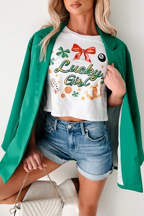 Stretchable Knit Hidden Button Placket Lucky Girl Graphic Cropped T-Shirt (White)