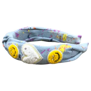 Bari Lynn Splatter Paint Denim Headband with Crystals - Smiley & Heart