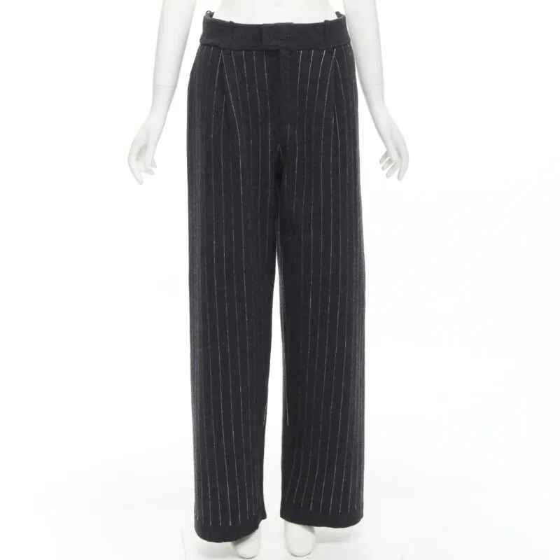 BARRIE 100% pure cashmere dark grey pinstriped pleated wide leg pants M
