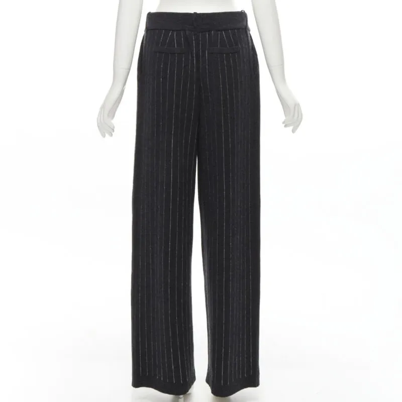 BARRIE 100% pure cashmere dark grey pinstriped pleated wide leg pants M