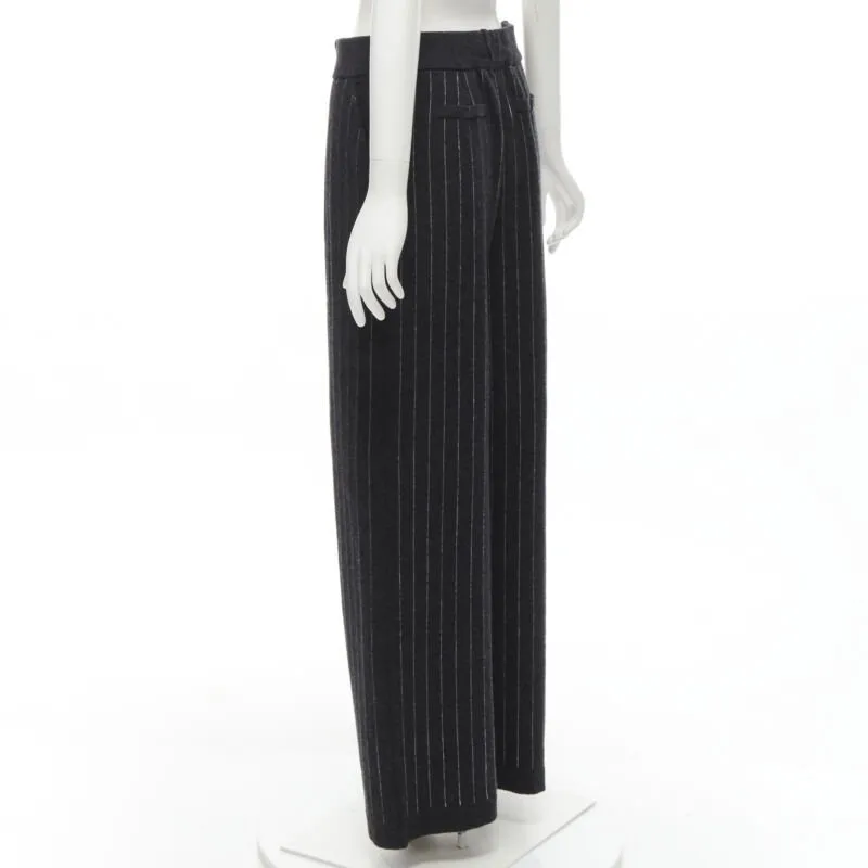 BARRIE 100% pure cashmere dark grey pinstriped pleated wide leg pants M