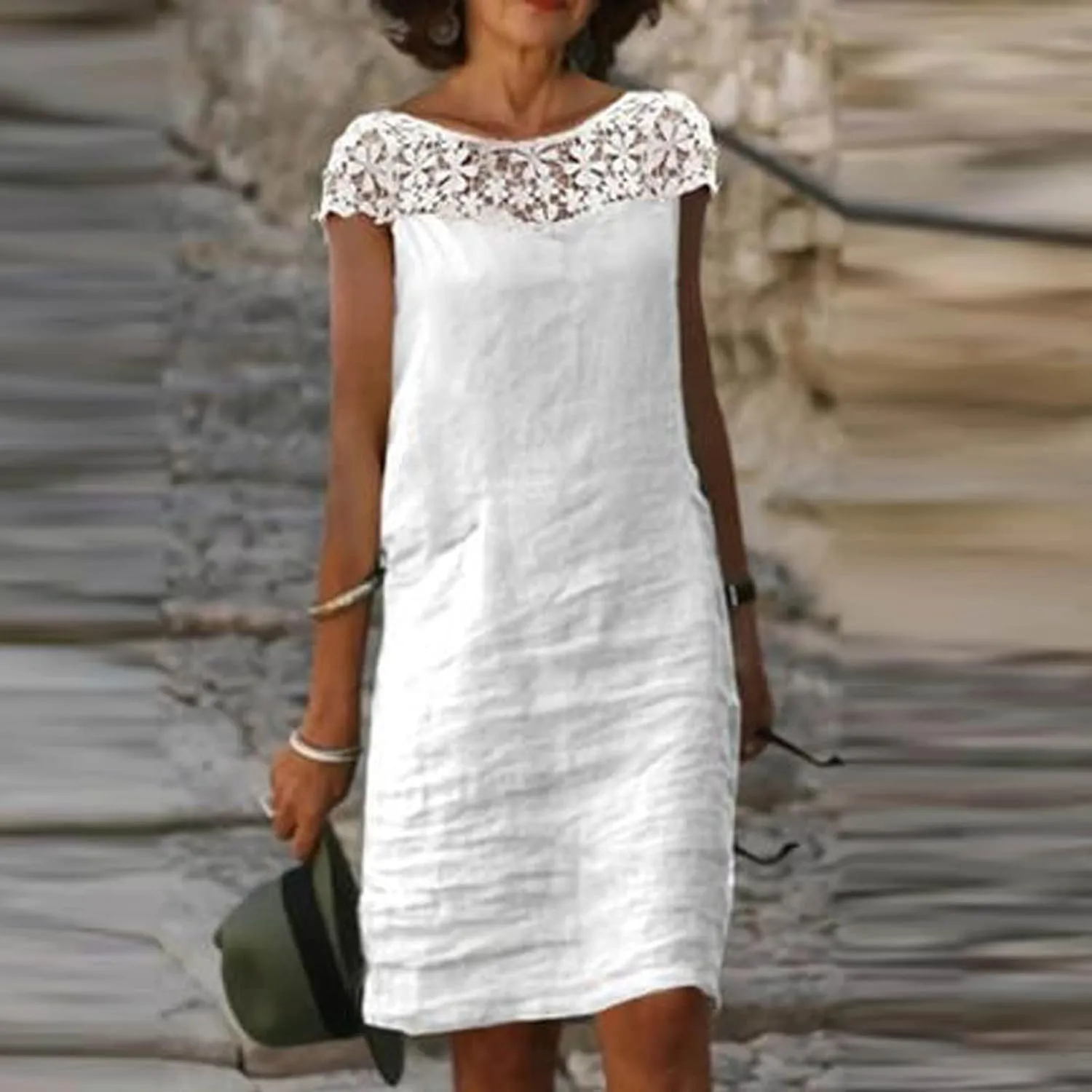 BAXLIMEK Cotton Linen Dresses for Women,2025 Spring Summer Casual V Neck 3/4 Sleeve Midi Dress,Elegant Plain Beach Dress