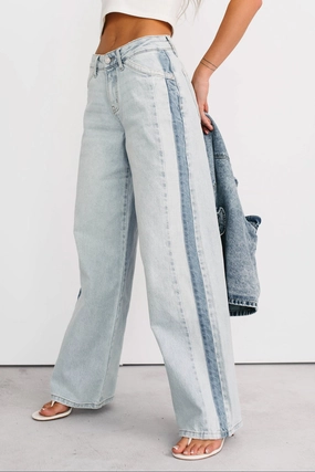 Baylor Wide Leg Contrast Kancan Jeans (Light) Comfort Fit Stretchy Waist