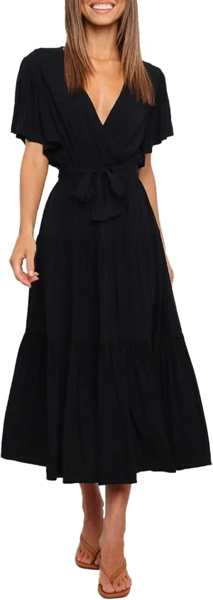 Beach Dresses for Women Summer Pleated Dress Short Sleeve V Neck Midi Dresses High Waist Party Dress Spring with Belt