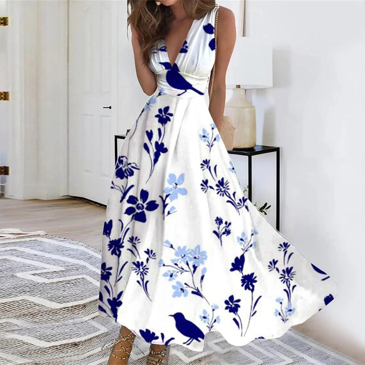 Beach Dresses for Women,Spring Summer Trendy Elegant V Neck Wrap Floral Boho Dress Flowy Ruched Hawaiian Maxi Dress