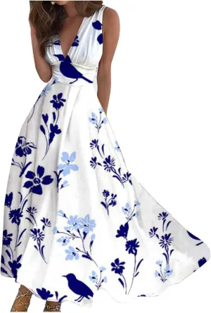 Beach Dresses for Women,Spring Summer Trendy Elegant V Neck Wrap Floral Boho Dress Flowy Ruched Hawaiian Maxi Dress