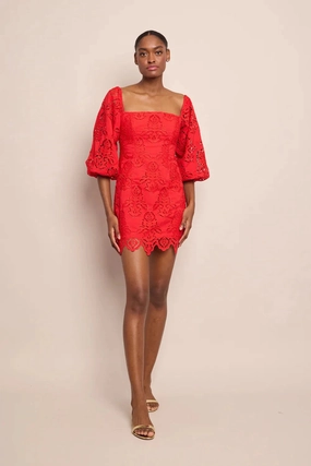 Cozy Balance Montauk Dress Red Embroidered Eyelet