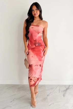 Side Pleats Sleek Tone By The Sea Printed Mesh Strapless Midi Dress (Coral Multi)