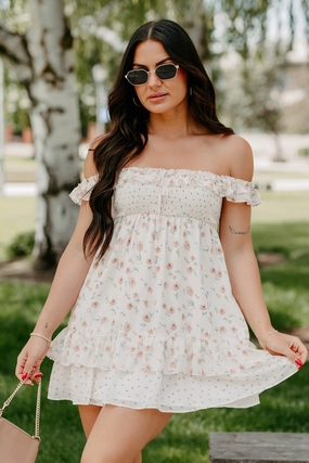Becoming Her Off The Shoulder Floral Mini Dress (Cream) Subtle Charm