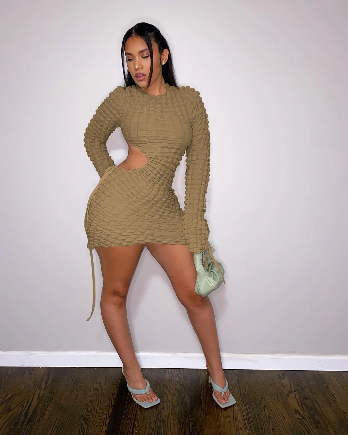 Beige Cut Out Long Sleeve Bodycon Dress