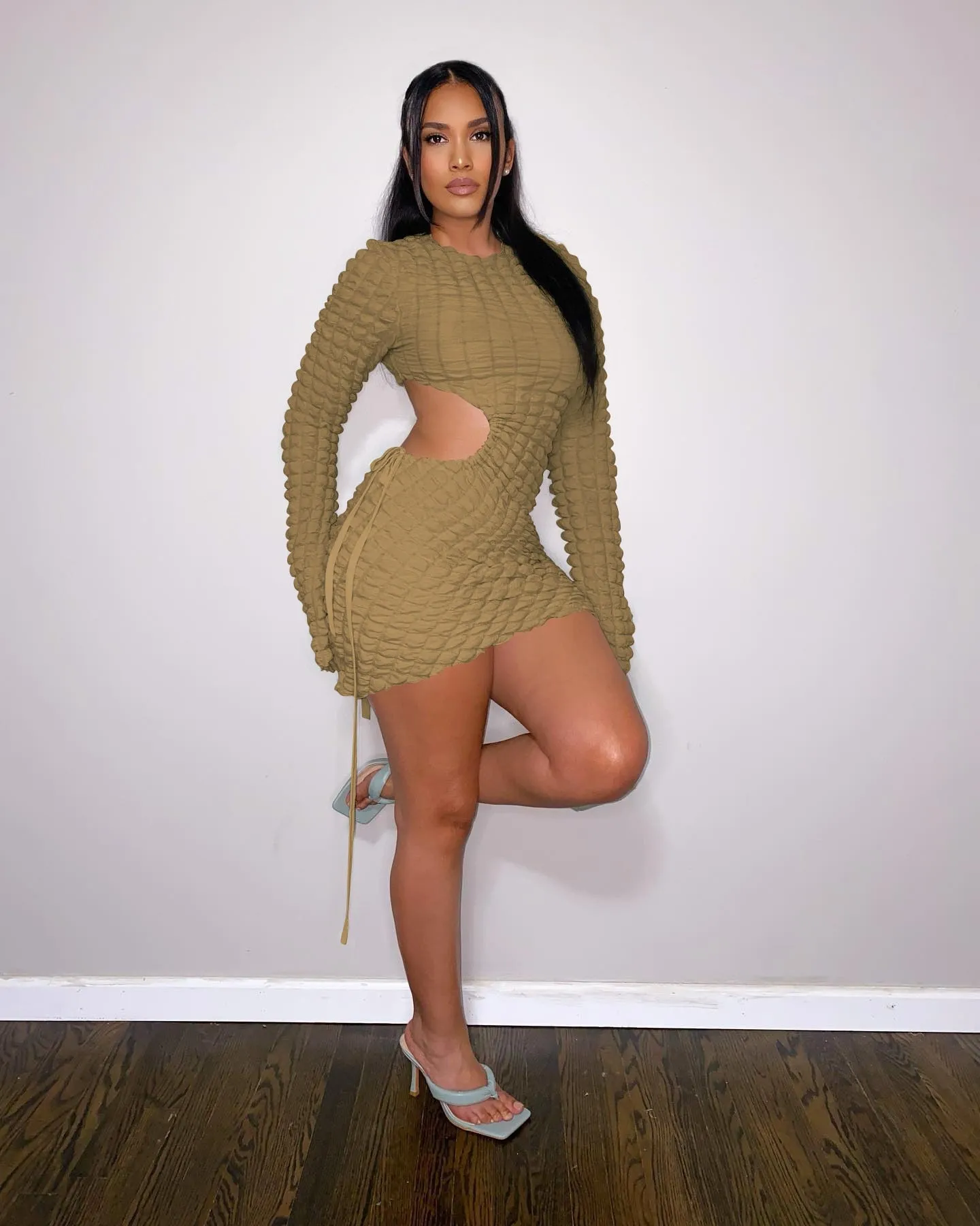 Beige Cut Out Long Sleeve Bodycon Dress