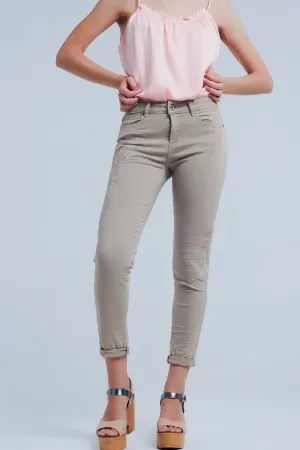 Beige jeans with Floral Embroidery