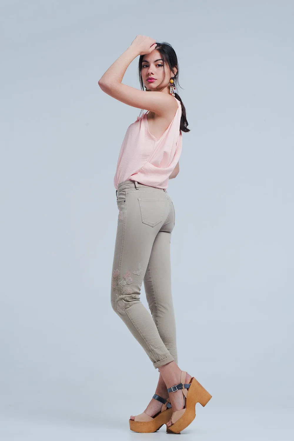 Beige jeans with Floral Embroidery
