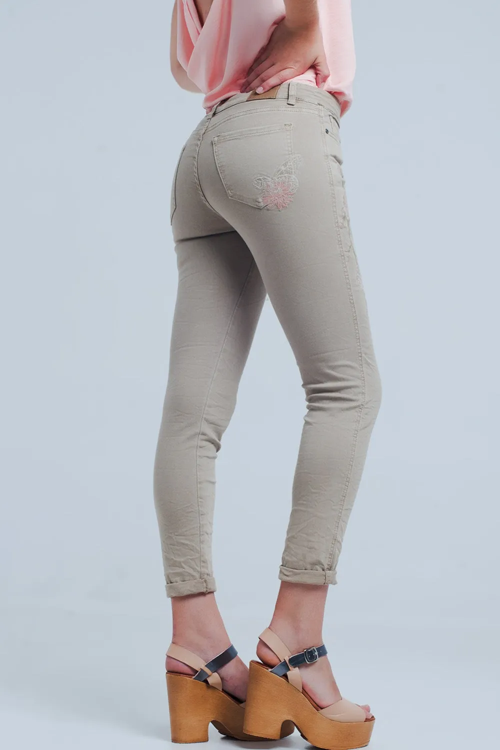 Beige jeans with Floral Embroidery