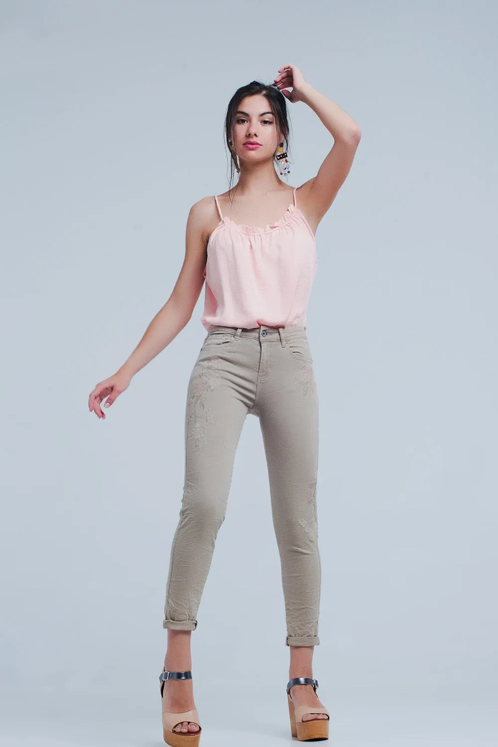 Beige jeans with Floral Embroidery