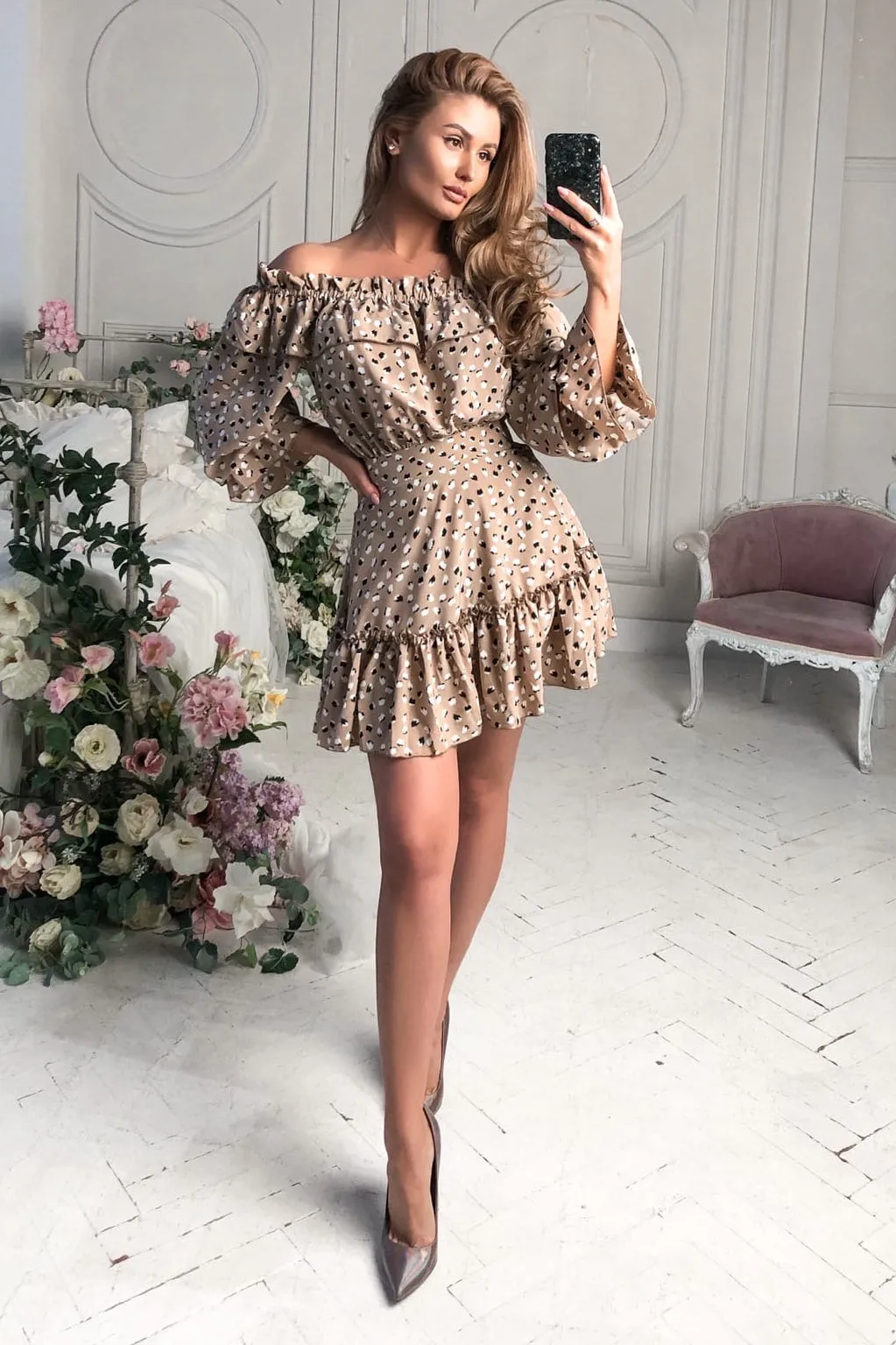 Beige Off-the-shoulder Mini Dress