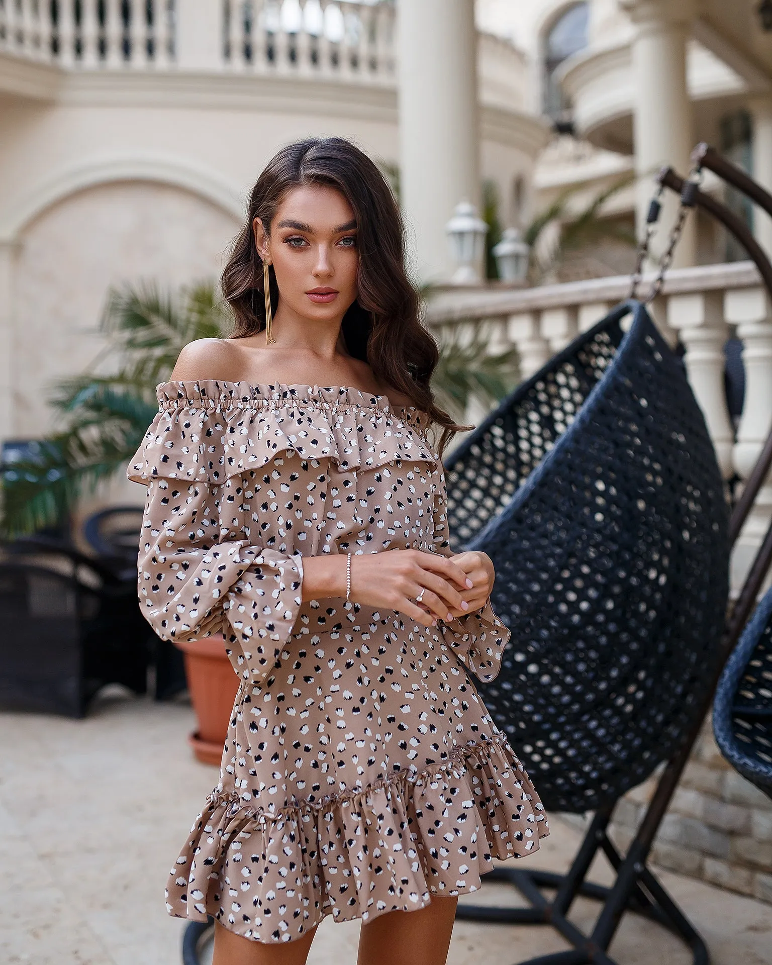 Beige Off-the-shoulder Mini Dress