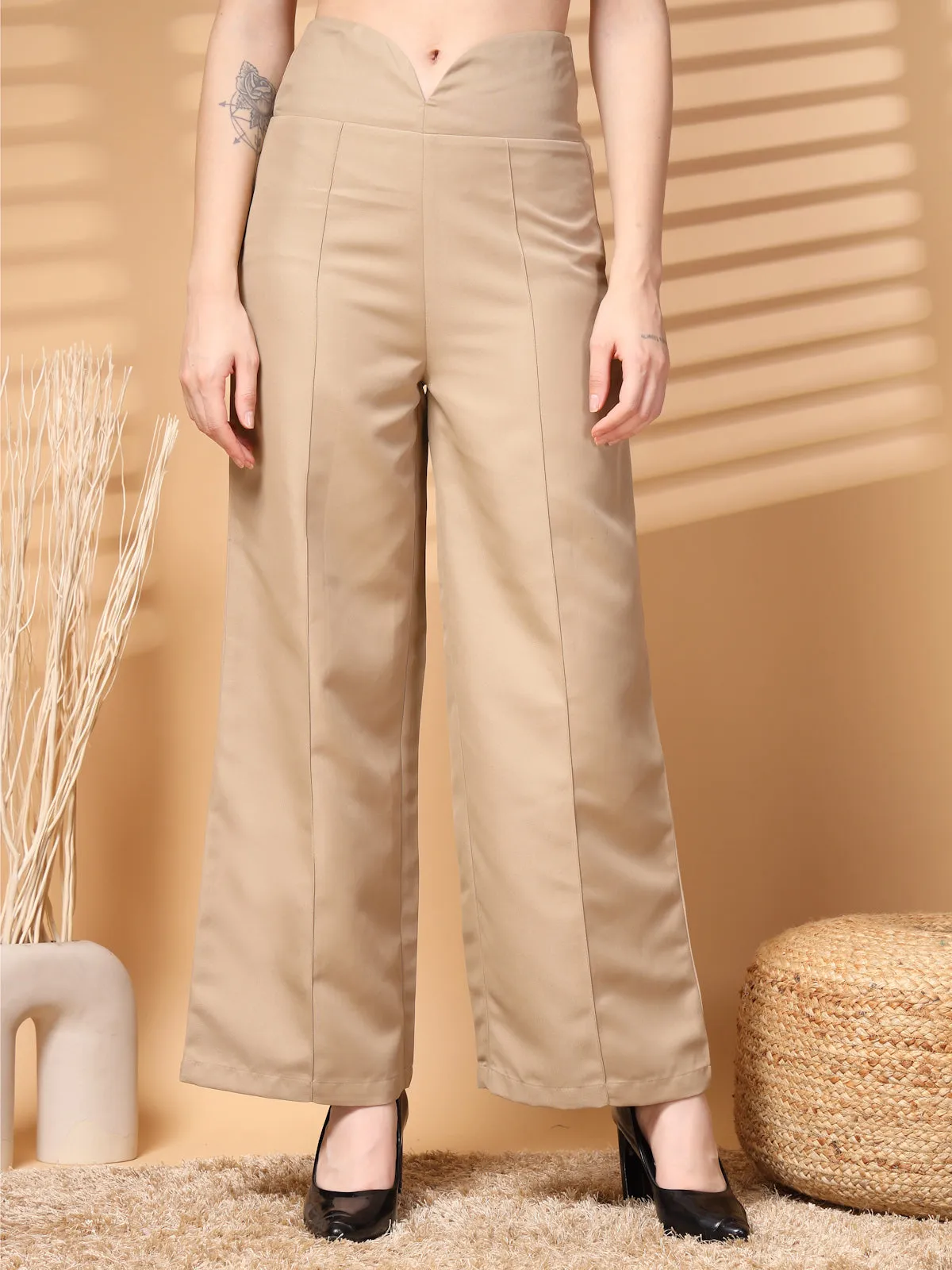 Beige Solid Regular Trousers Women Loose Fit High Rise Trousers
