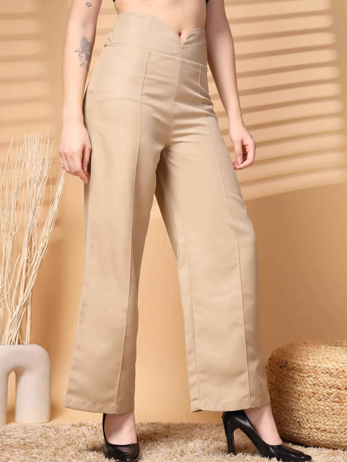 Beige Solid Regular Trousers Women Loose Fit High Rise Trousers